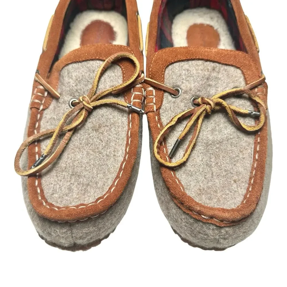 Lands’ End | Men | Wool Felt Suede Leather Brown Cozy Moccasin Slippers | 10 D